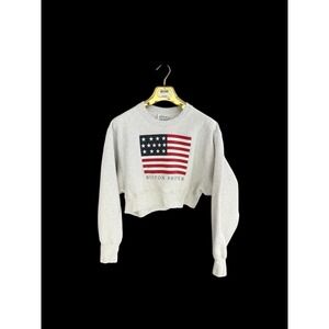 Vintage Boston Proper USA Flag Print Crop Top Crewneck Sweatshirt Sz Med/L Grey